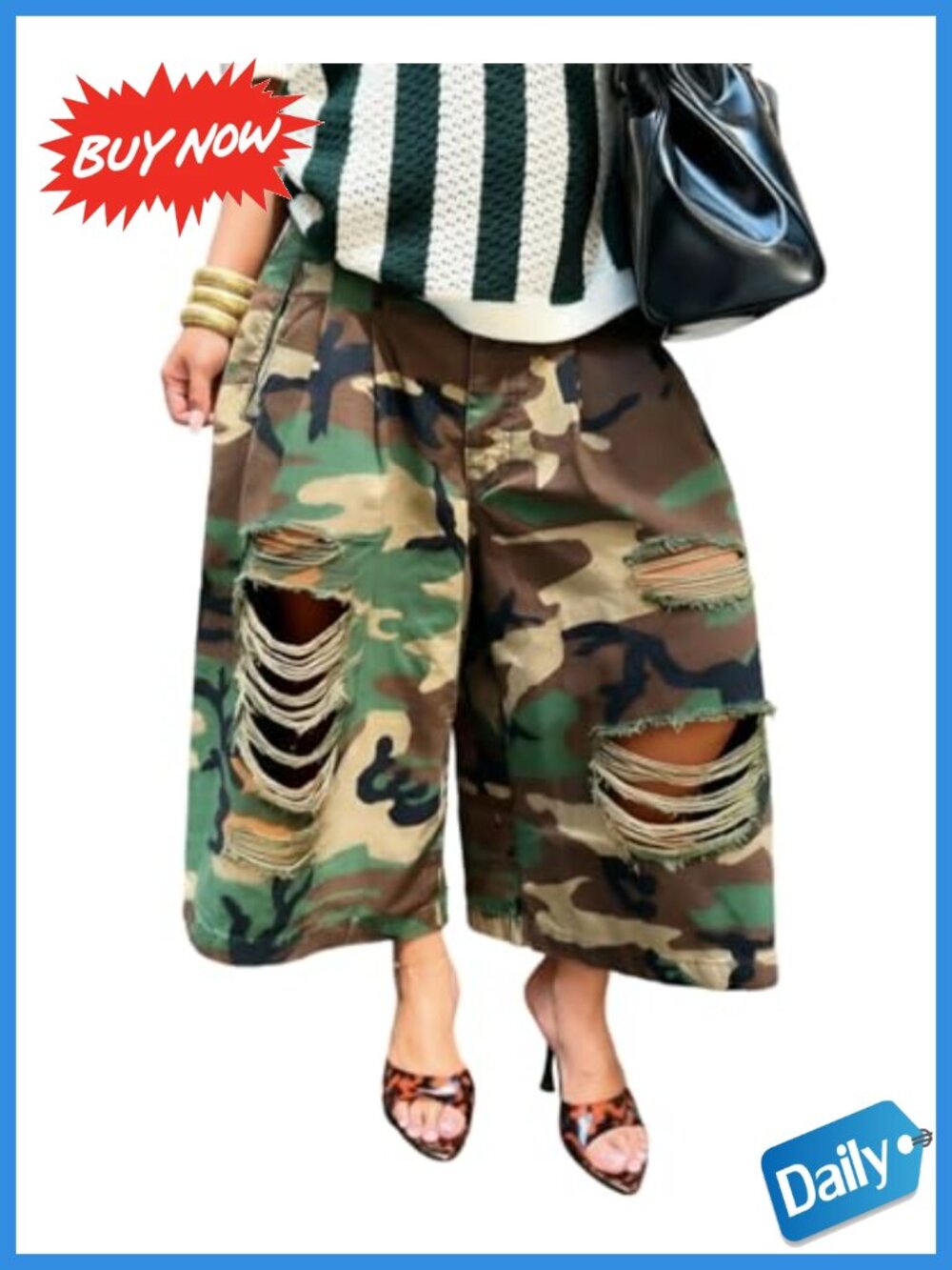 Wide Leg Ripped Camo Capris High Waist Pleated Baggy Cropped Pants